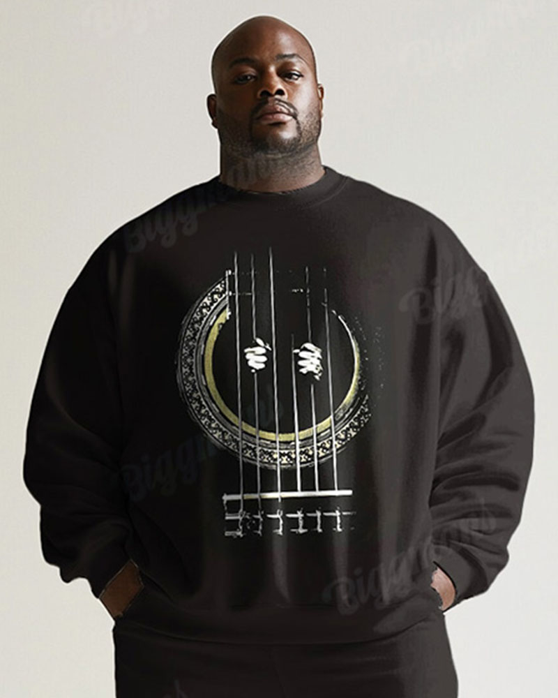 Men's Simple Black Retro Pattern Musical Instrument Print Plus Size Round Neck Sweatshirt Suit