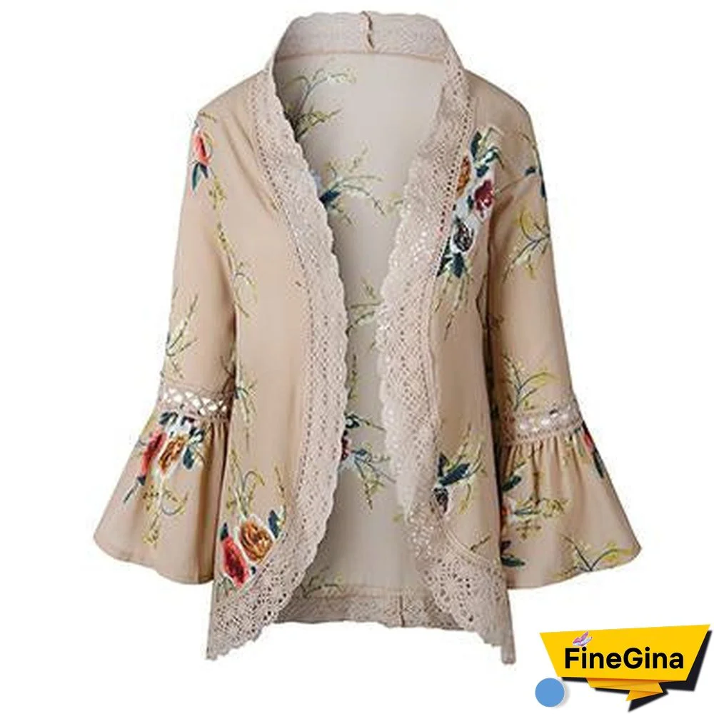 Women Cardigan Print Lace Shirt Plus Size Kimono Top