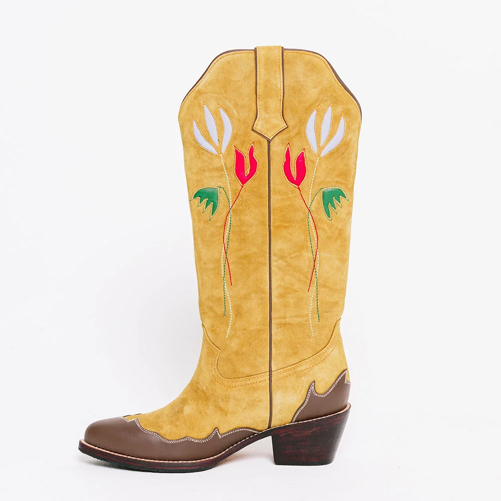 YDN Brown & Yellow Patchwork Chunky Heel Flower Cowboy Boots
