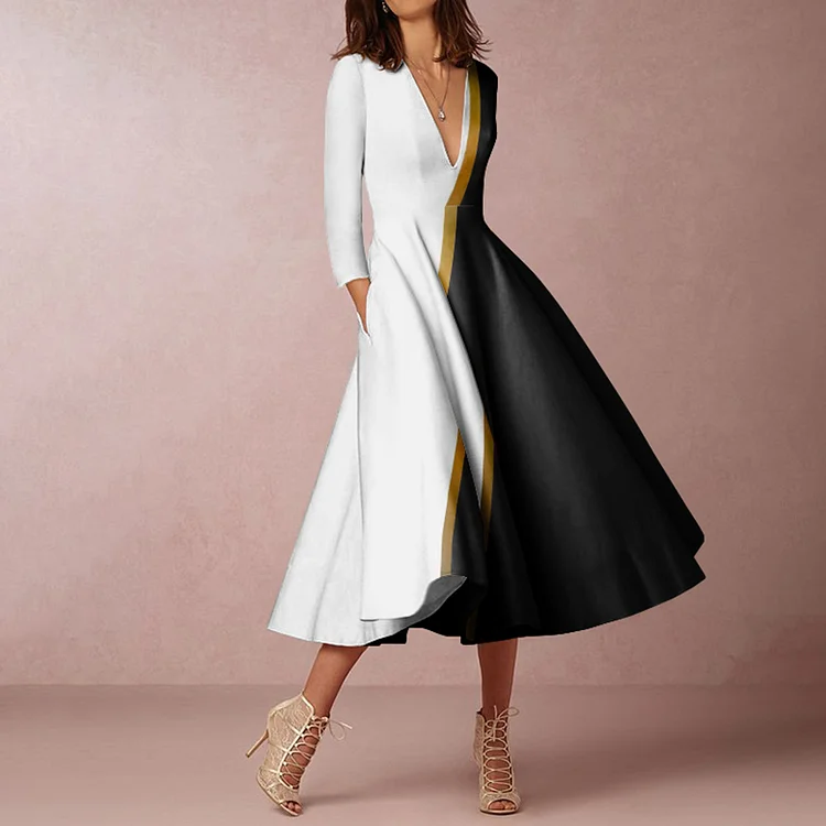 Elegant Contrast Patchwork Printed V-Neck Midi Dress