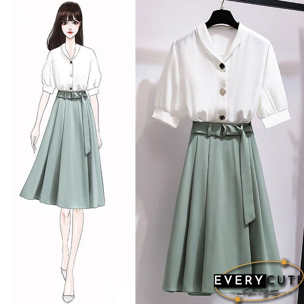 Chic Chiffon Blouse+Belt Skirt P10741