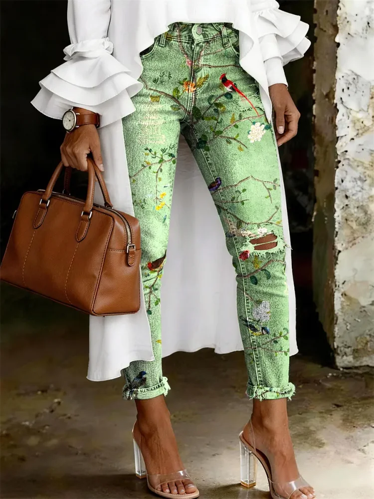 Women's Fashion Casual Multicolor Flowers Art Print Ripped Skinny Jeans