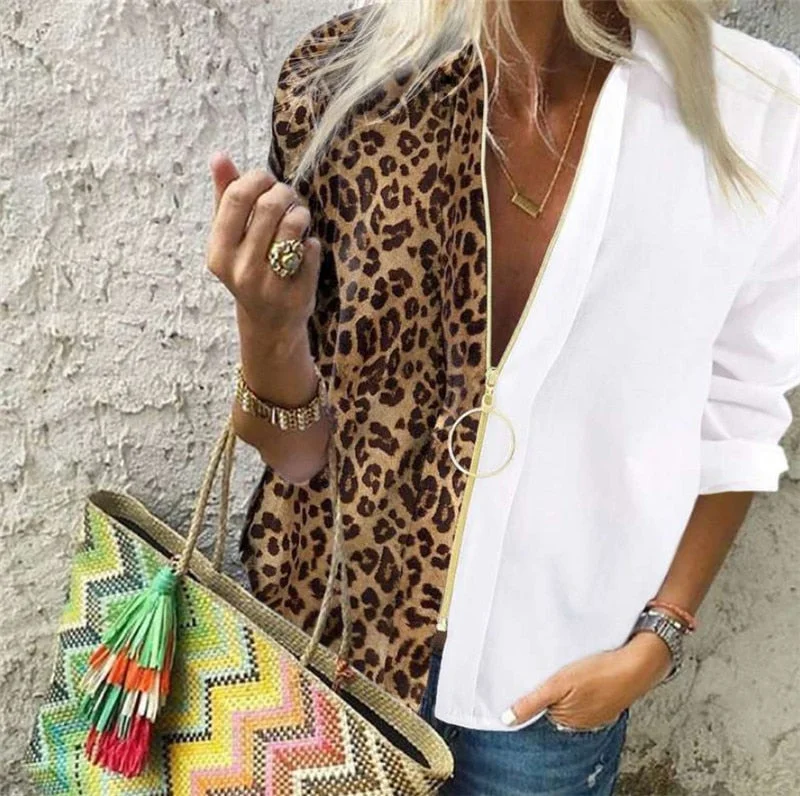 Fashion Leopard White Spliced Blouse Women Shirts Spring Fall Long Sleeve Zip Up V-Neck Tops Casual Female Plus Size Blouse