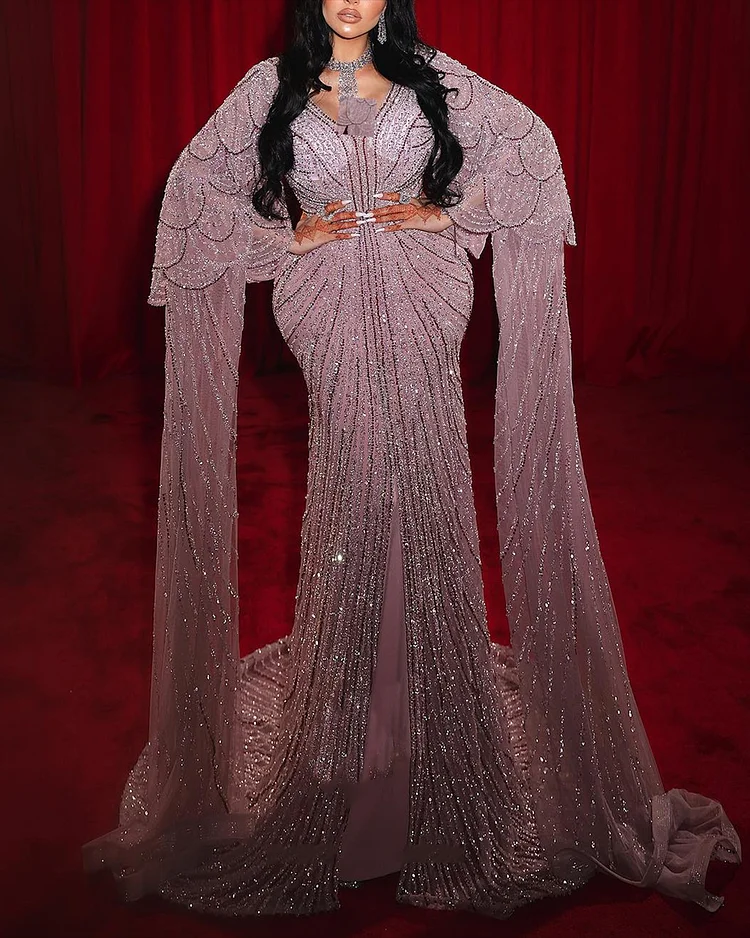 Women's V-Neck Long Sleeve Mesh Sequin Dress