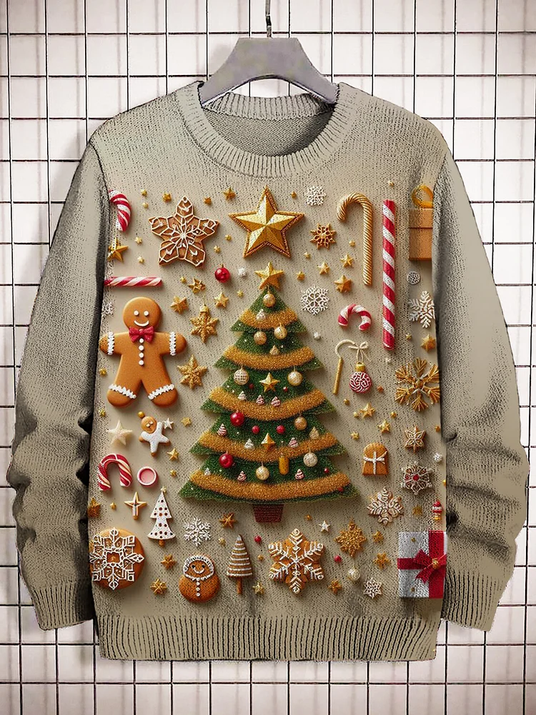 Men's Gingerbread Man Christmas Tree Gift Art Print Knit Sweatshirt
