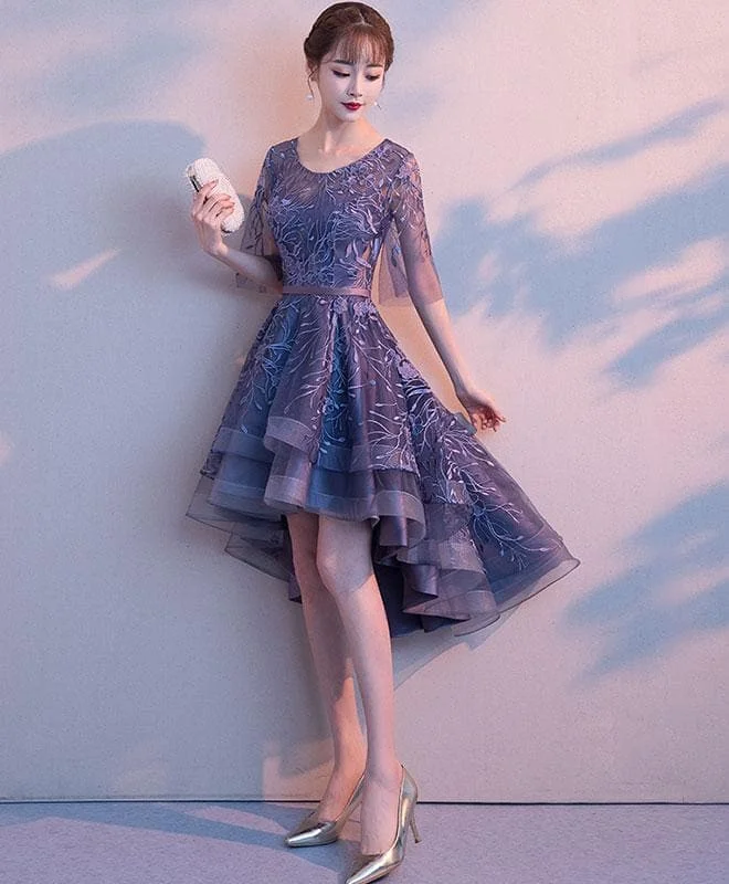 Purple Tulle Lace Short Prom Dress, Purple Evening Dress