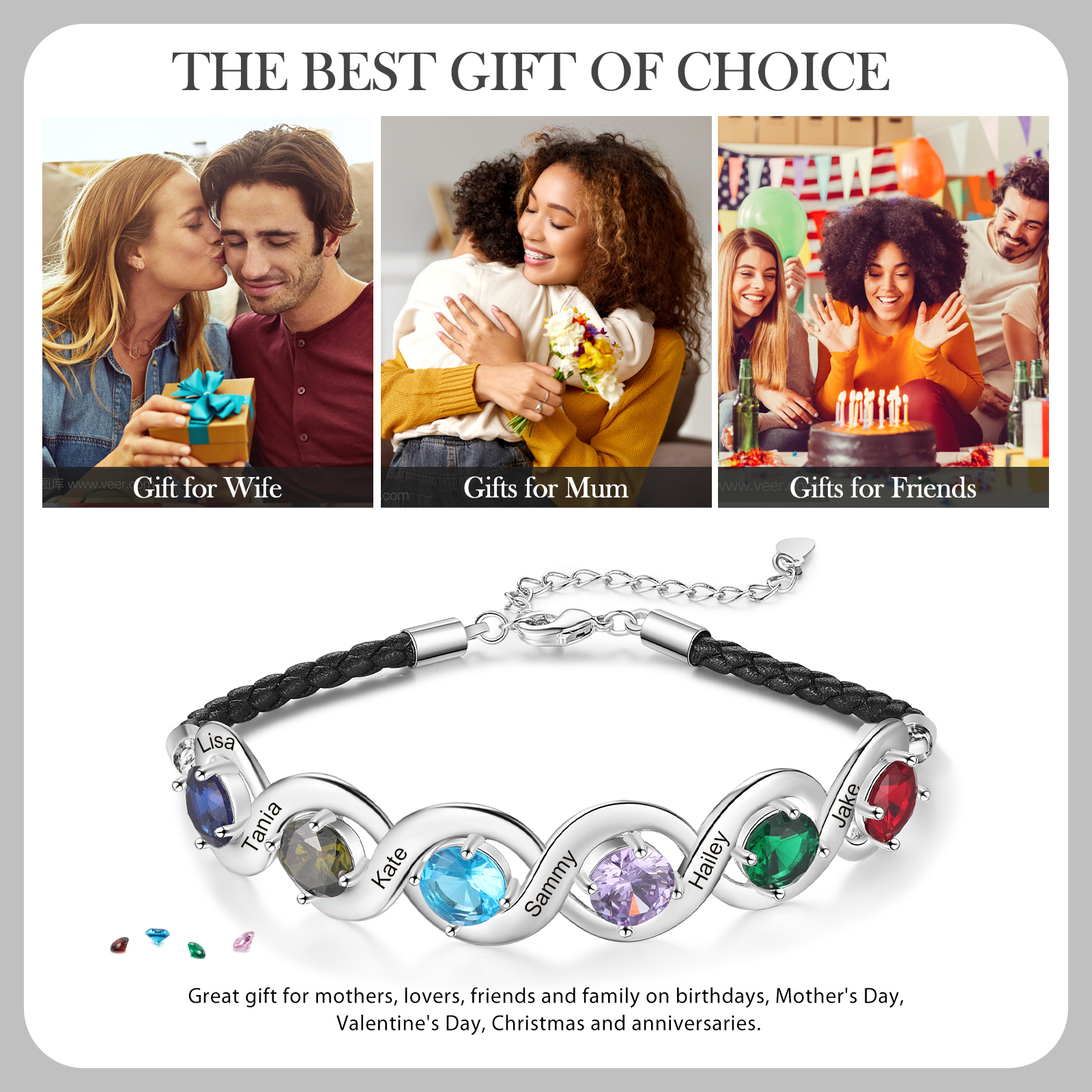 Braccialetto infinito personalizzato con 6 nomi e 6 pietre di nascita regalo per donna