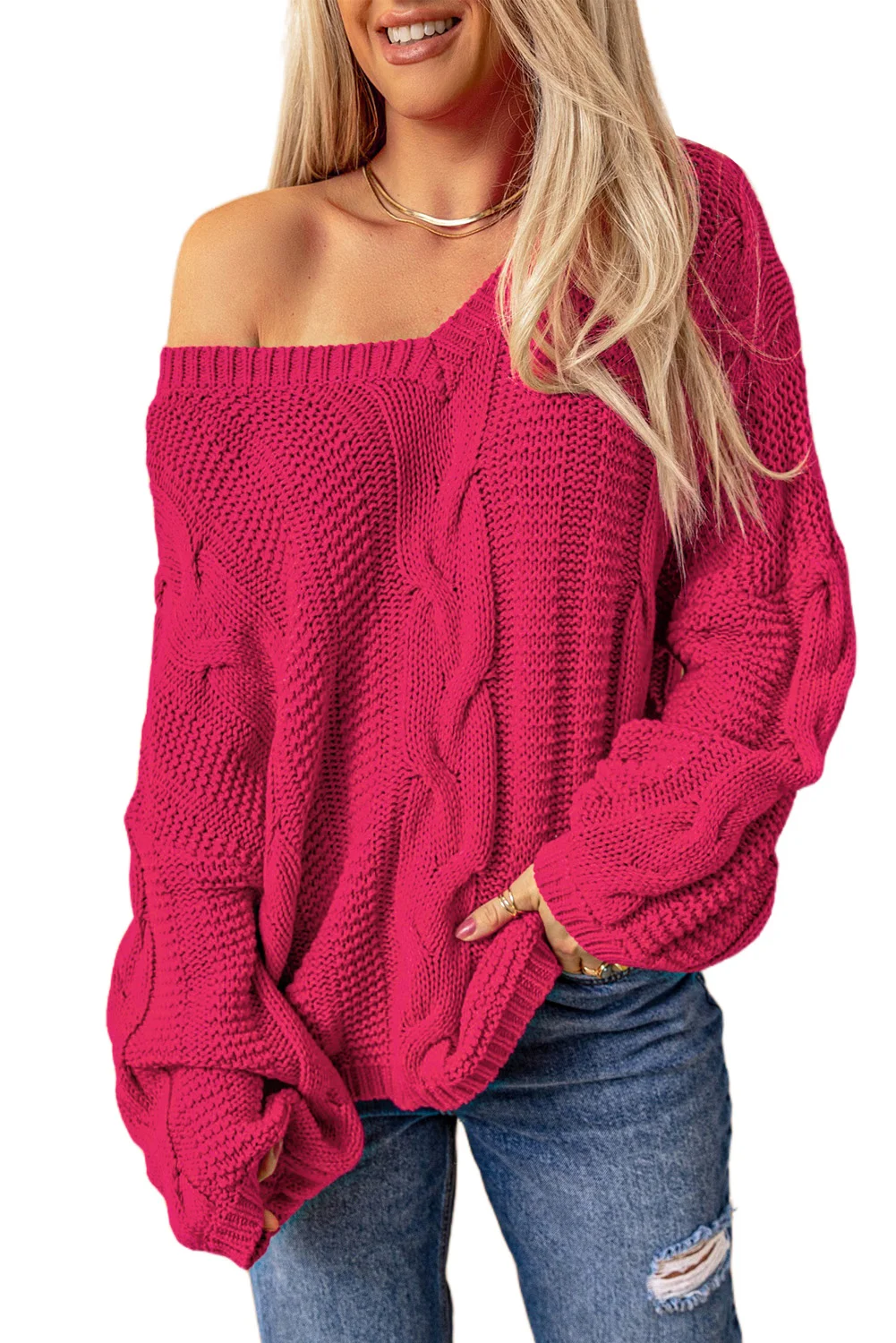 Rose Bubblegum V-Neck Braided Knit Sweater