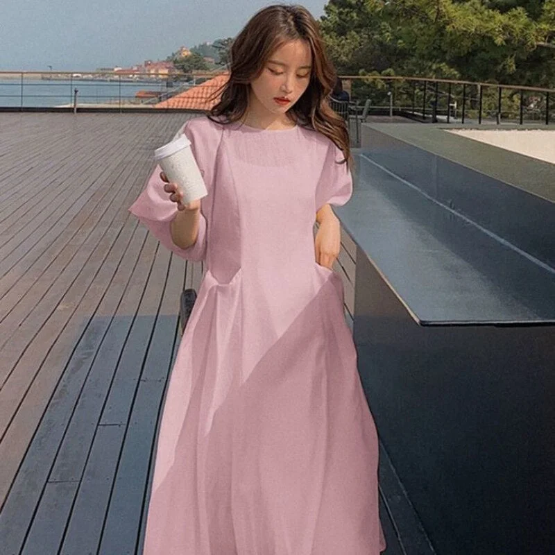 Midi Dresses Women Solid Chiffon Tender Ladies Temperament Ins French Style O-neck Puff Sleeve Dating Fashion Mujer Pockets New