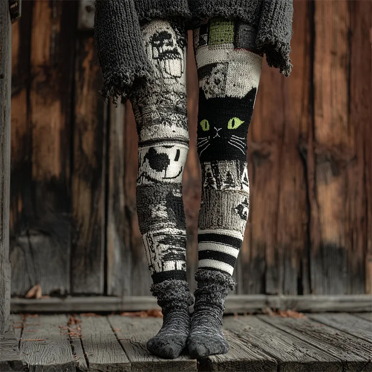 Halloween Black Cat Inspired Patchwork Cozy  Leggings