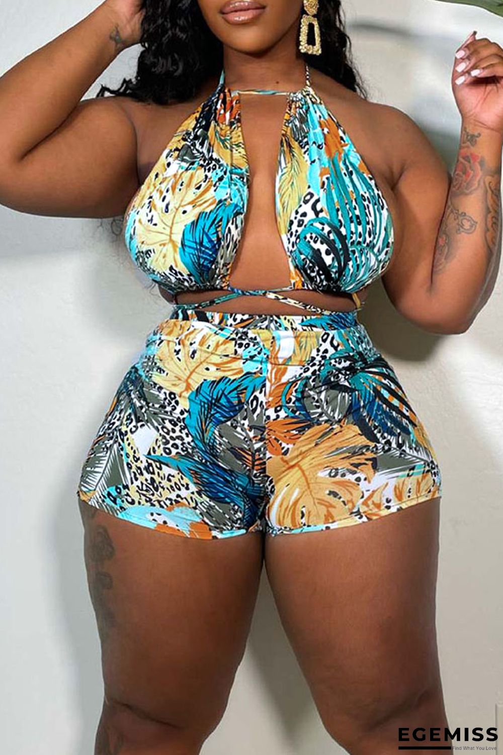 Color Blue Sexy Print Bandage Patchwork Backless Halter Two Pieces | EGEMISS