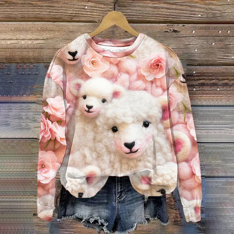 Cute Sheep Print Crew Neck Sweatshirt