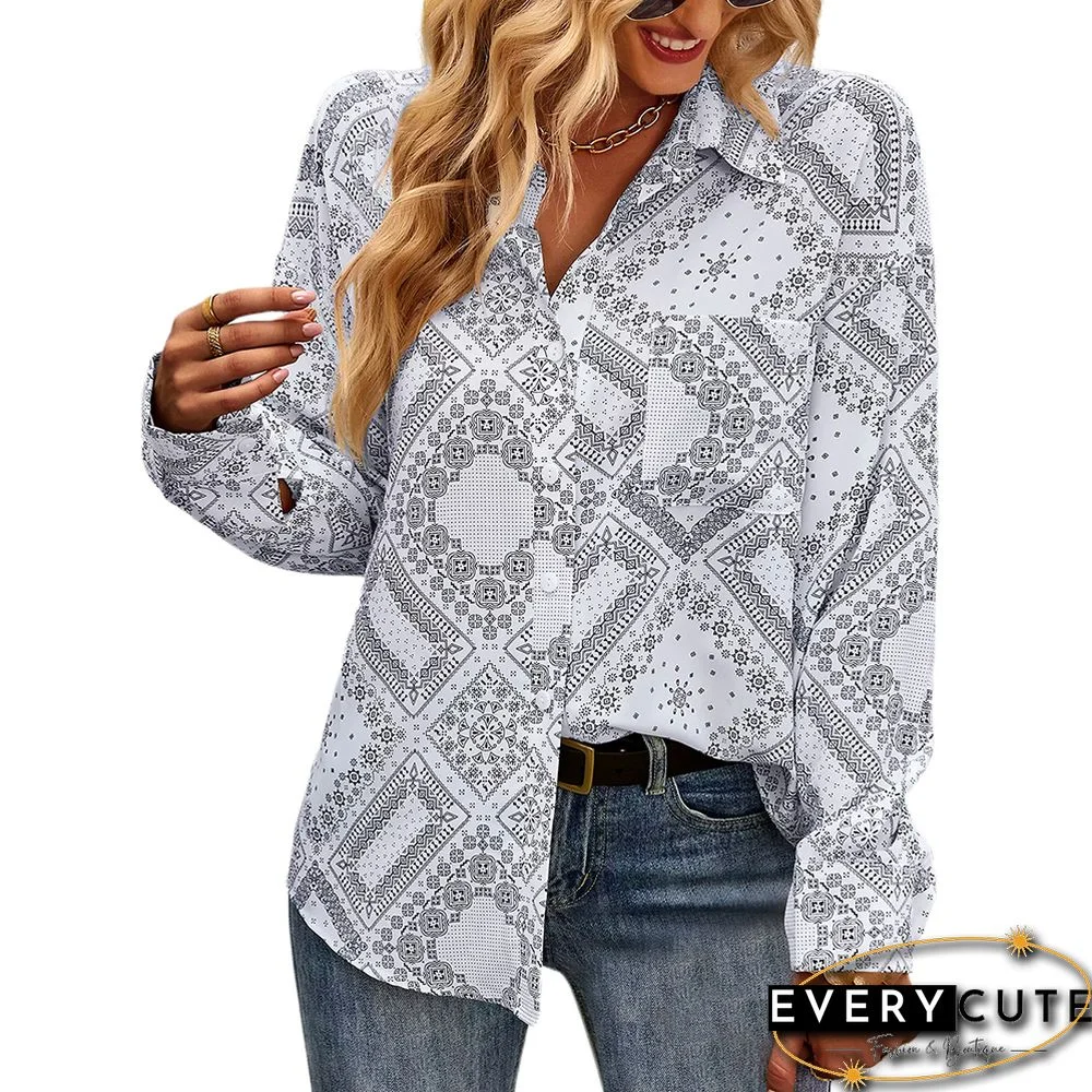 White Digital Print Button Pocket Shirt