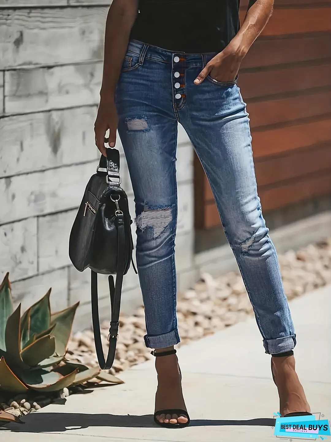 Blue Ripped Holes Denim Jeans, Slim Fit Single-Breasted Button High-Stretch Casual Denim Pants, Women's Denim Jeans & Clothing