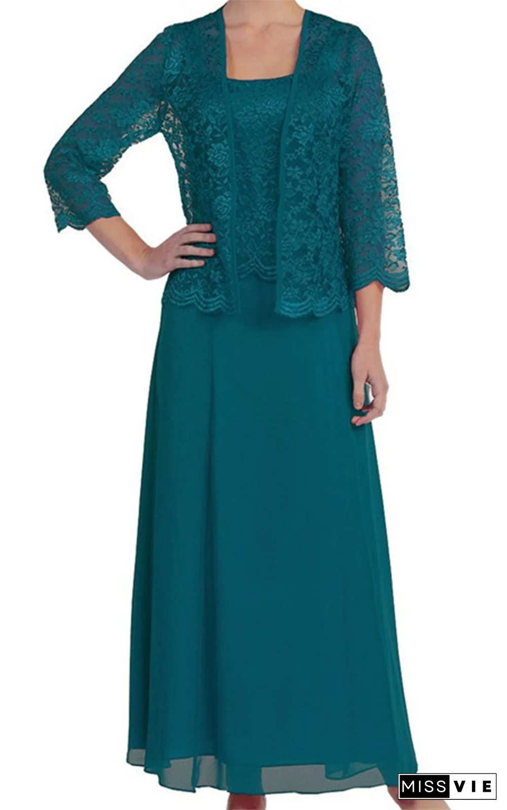 Plus Size 2-pieces Set Lace Cardigan Long Chiffon Dress Women Set