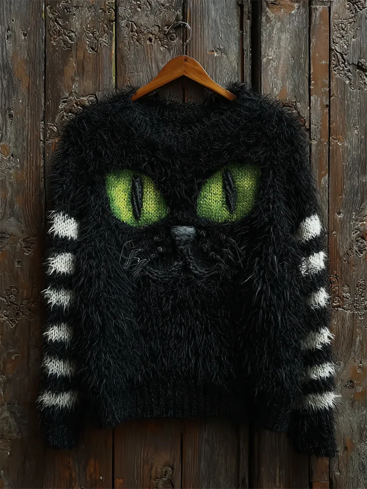 Halloween Fuzzy Black Cat Striped Cozy Knit Sweater
