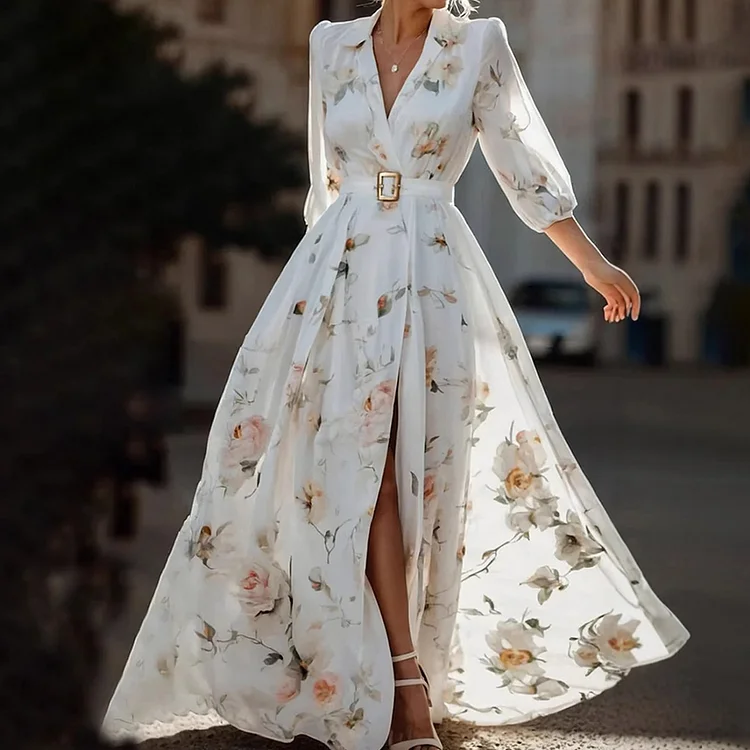 Elegant Floral Pattern Lapel Collar Puff Sleeve Belt Maxi Dress