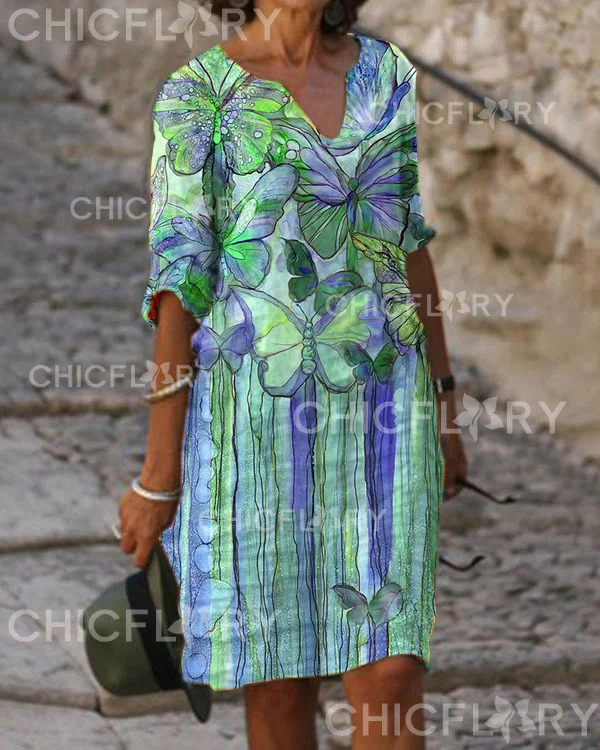 Casual V-Neck Mid-Length Butterfly Print Dress
