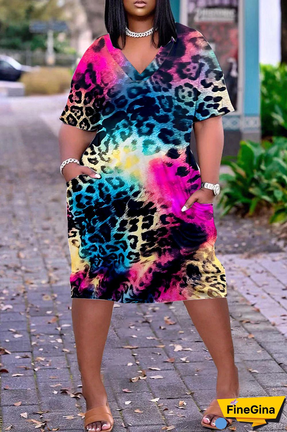 Black Casual Print Patchwork V Neck Short Sleeve Dress