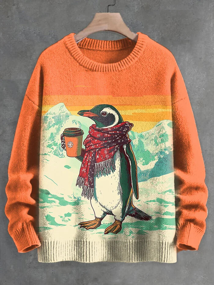 Men's Snow Sunset Scarf Penguin Art Knit Sweatshirt