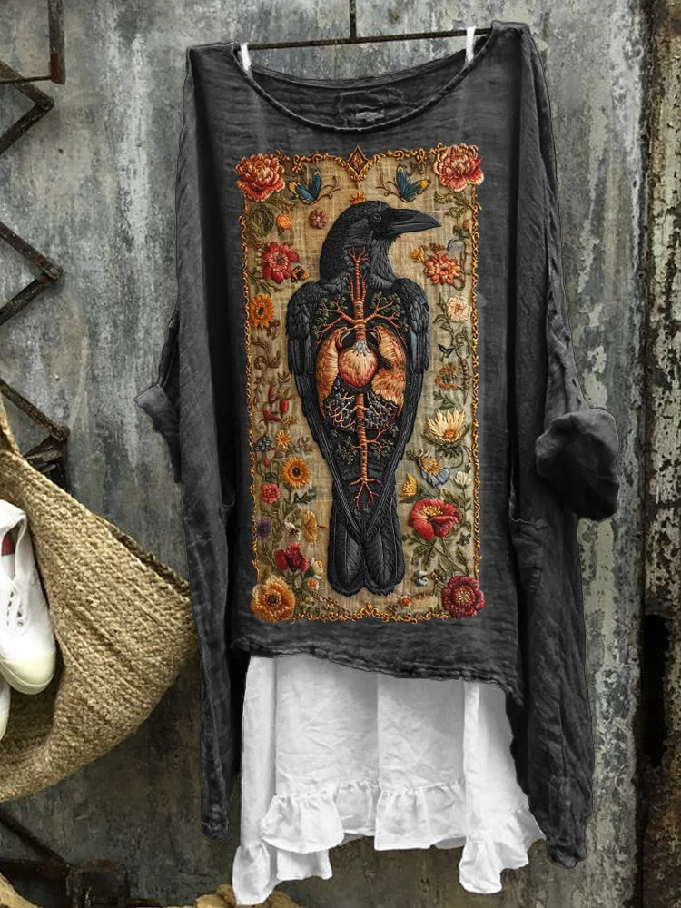 Vintage Floral Raven Embroidered Linen Tunic