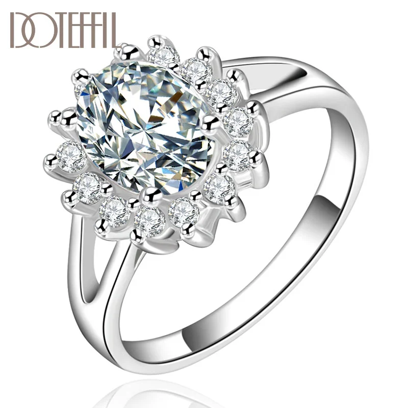 DOTEFFIL 925 Sterling Silver Crystal AAA Zircon Sun Ring For Women Jewelry