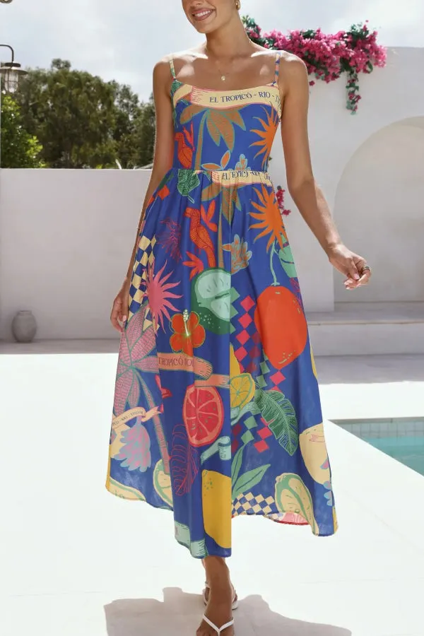 Linen Blend Unique Print Square Neck Pocket Casual Vacation Maxi Dress