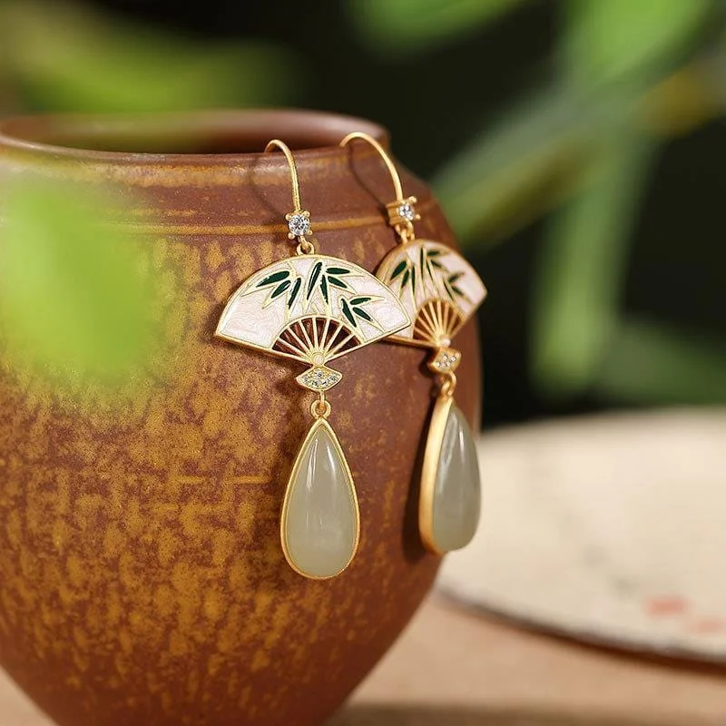 Fan-shaped and Jade drop earrings，Chinese jade drop earrings