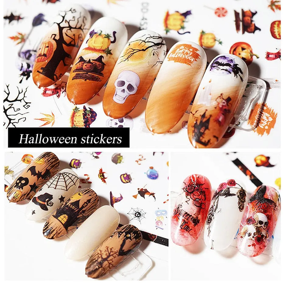 Nail Stickers Back Glue Halloween Skull Pumpkin Christmas Snowman Snowflake Designs Nail Decal Decoration Tips For Beauty Salons-Nail Inspo