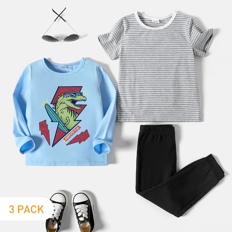 3-Pack Toddler Boy Graphic Dinosaur Print & Striped Tee & Pants Set