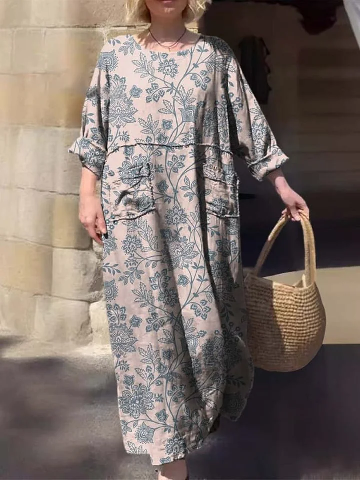 Women's Round Neck Floral Print Three-quarter Sleeve Pocket Cotton Dress