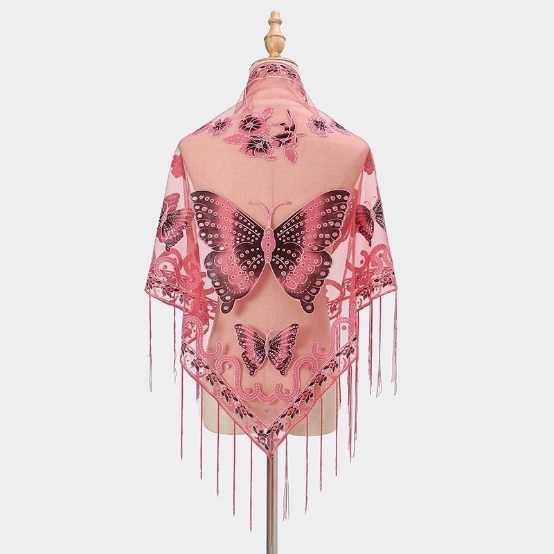 New Tassel Triangle Scarf Solid Color Hollow Lace Butterfly Embroidered Triangle Shawl Scarf For Women