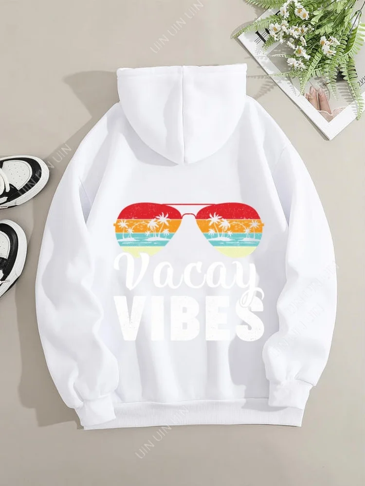 Women's Vintage Palm Tree Graphic Hoodie - "Vacay Vibes" Design, Loose Fit, Long Sleeve, Drawstring Adjustable Sweatshirt For Summer, Casual & Leisure Wear, Casual Wear Hoodie | Relaxed Fit Hoodie | Durable Casualwear