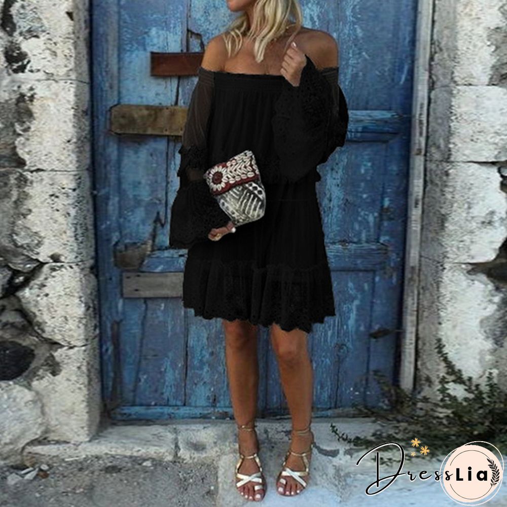 Damen Langarm Off Shoulder Kleid Ballkleid Lace Prom Sexy Holiday Strandkleid