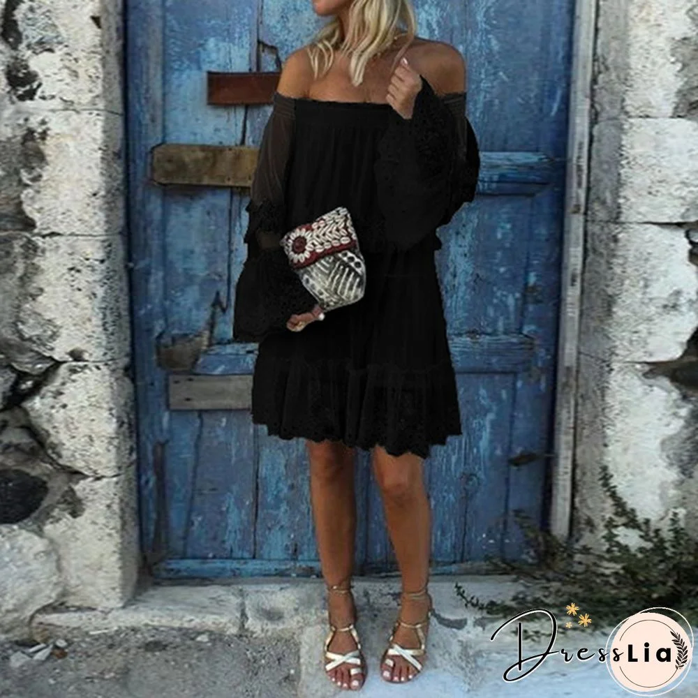 Damen Langarm Off Shoulder Kleid Ballkleid Lace Prom Sexy Holiday Strandkleid