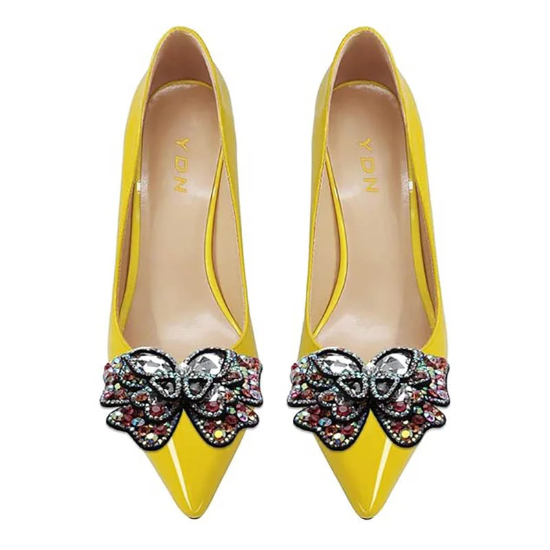 Yellow Patent Leather Kitten Heel Rhinestone Butterfly Pumps Shoes