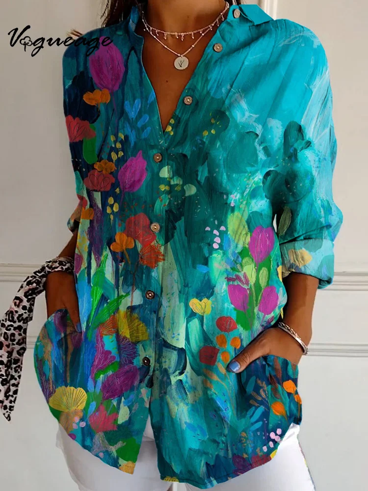 Leisure Ink Painting Plants And Flowers Long Sleeves Printed Cotton And Linen Shirt