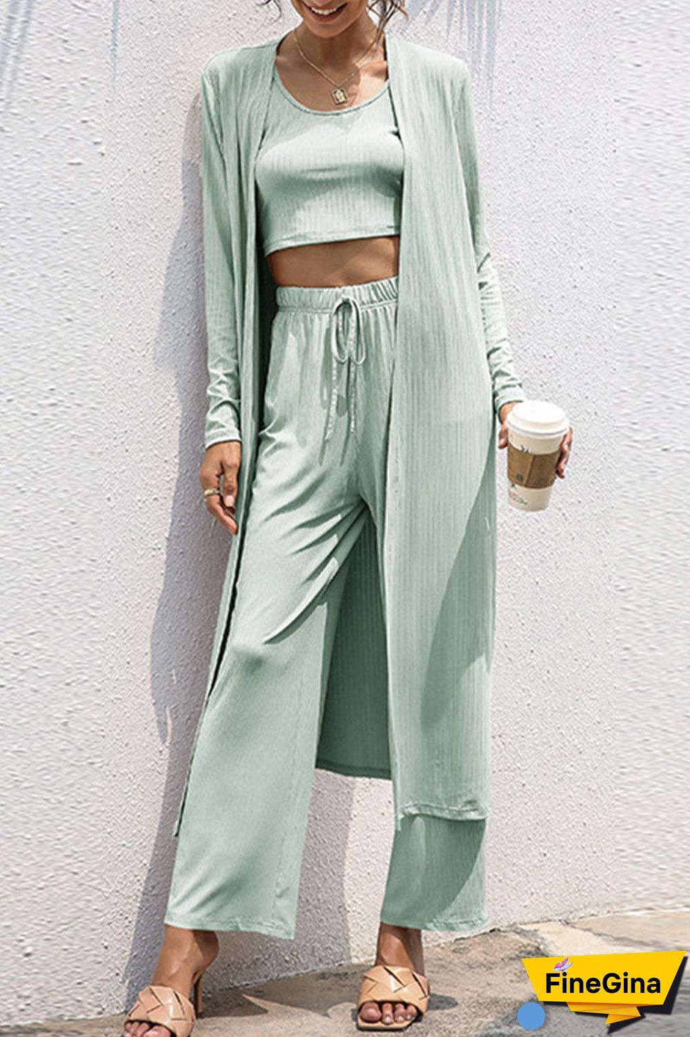 Casual Daily Solid Frenulum Cardigan Collar Long Sleeve Two Pieces