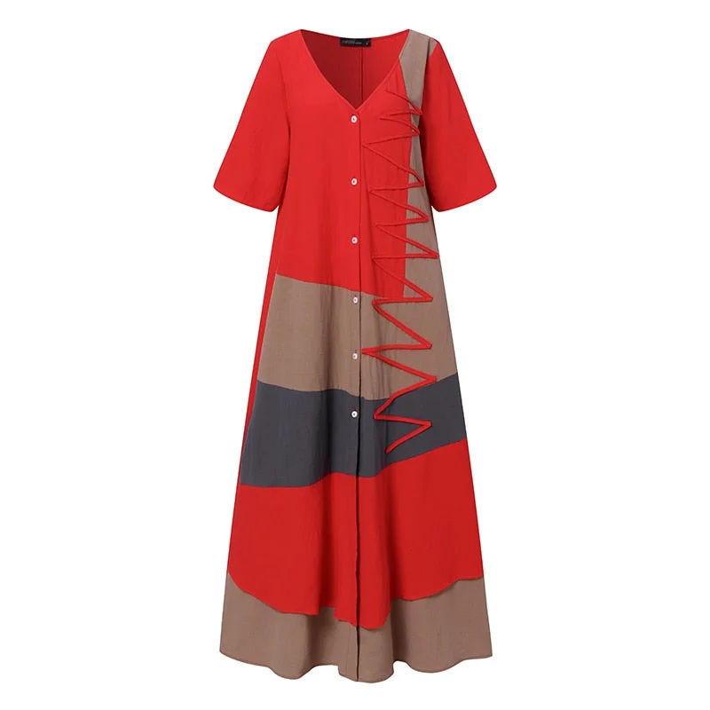 ZANZEA Summer Vintage Patchwork Long Shirt Dress Casual Buttons Down Party Vestidos Robe Femme WomenV Neck Half Sleeve Sundress