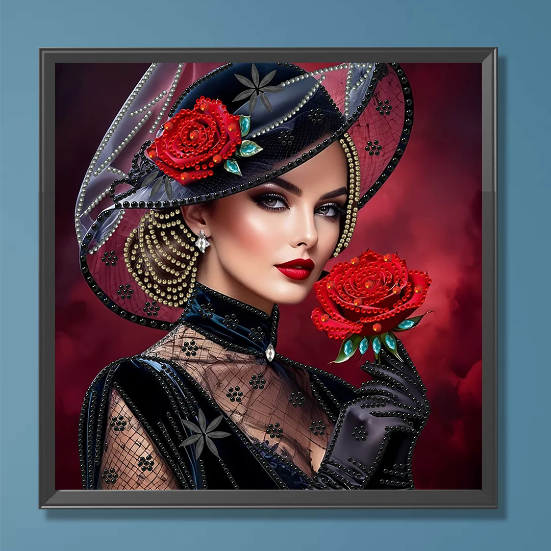 Beauty Lady in a Top Hat Red Bckdrop Special Shaped 5D DIY Partial Drill Diamonds Dots Gem Art Kits for Adults Beginners Home Decor Diamonds Paintings Gem Art 11.81 X11.81inch