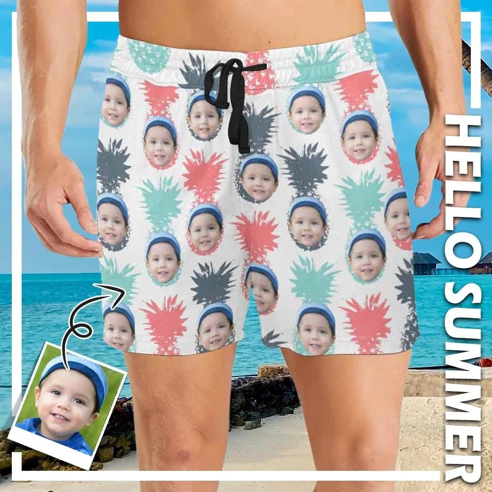 Custom Face Colorful Pineapple Men's Quick Dry Swim Shorts Personalized Funny Swim Trunks Mens Print Swimwear Design Beach Swimsuit with Girlfriend's Face for Holiday