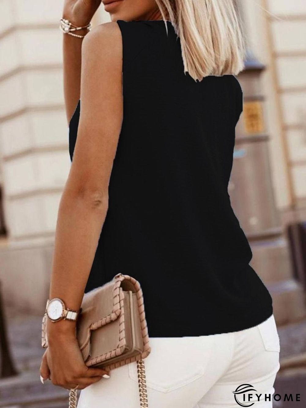 Vintage Tied Detail Sleeveless Solid V Neck Casual Vest Top | IFYHOME