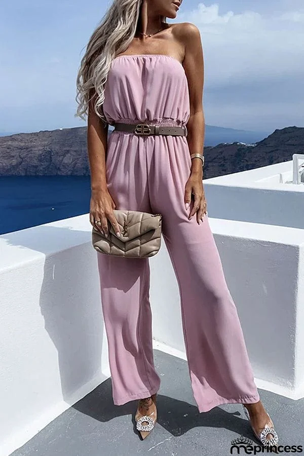 Temperament Solid Color Tube Top Wrinkled Jumpsuit