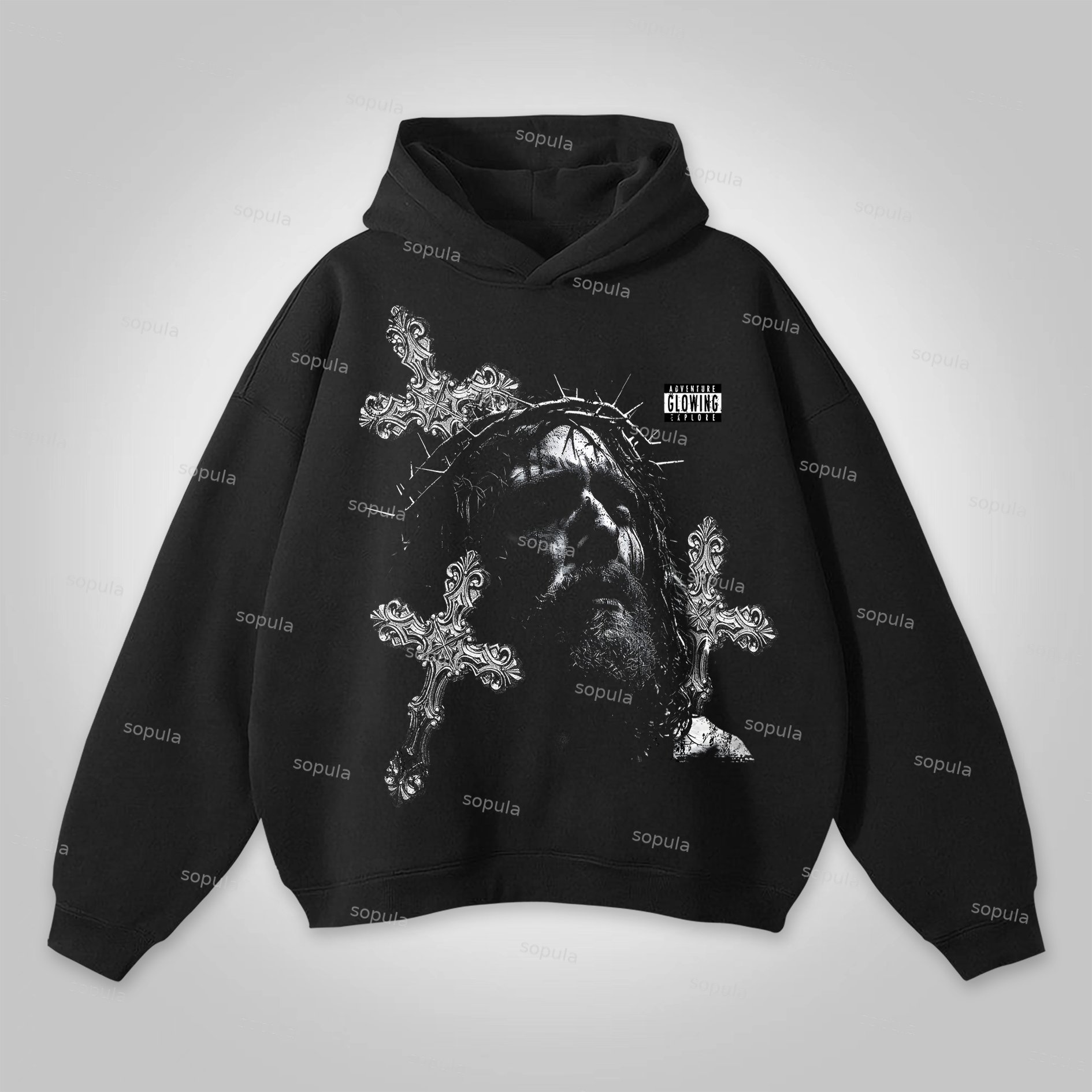 Sopula Retro Jesus Cross Graphic Print Hoodie - SOPULA