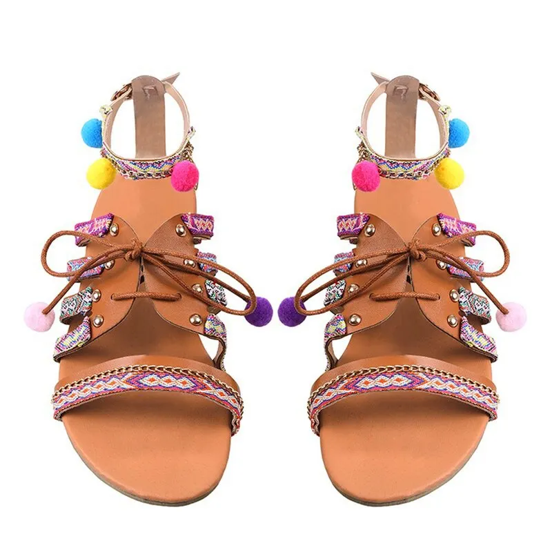 Summer Shoes Women's Sandals Bohemian Gladiator Leather Sandals Flats Summer Shoes Woman Pom-Pom Sandals For Women sandalia