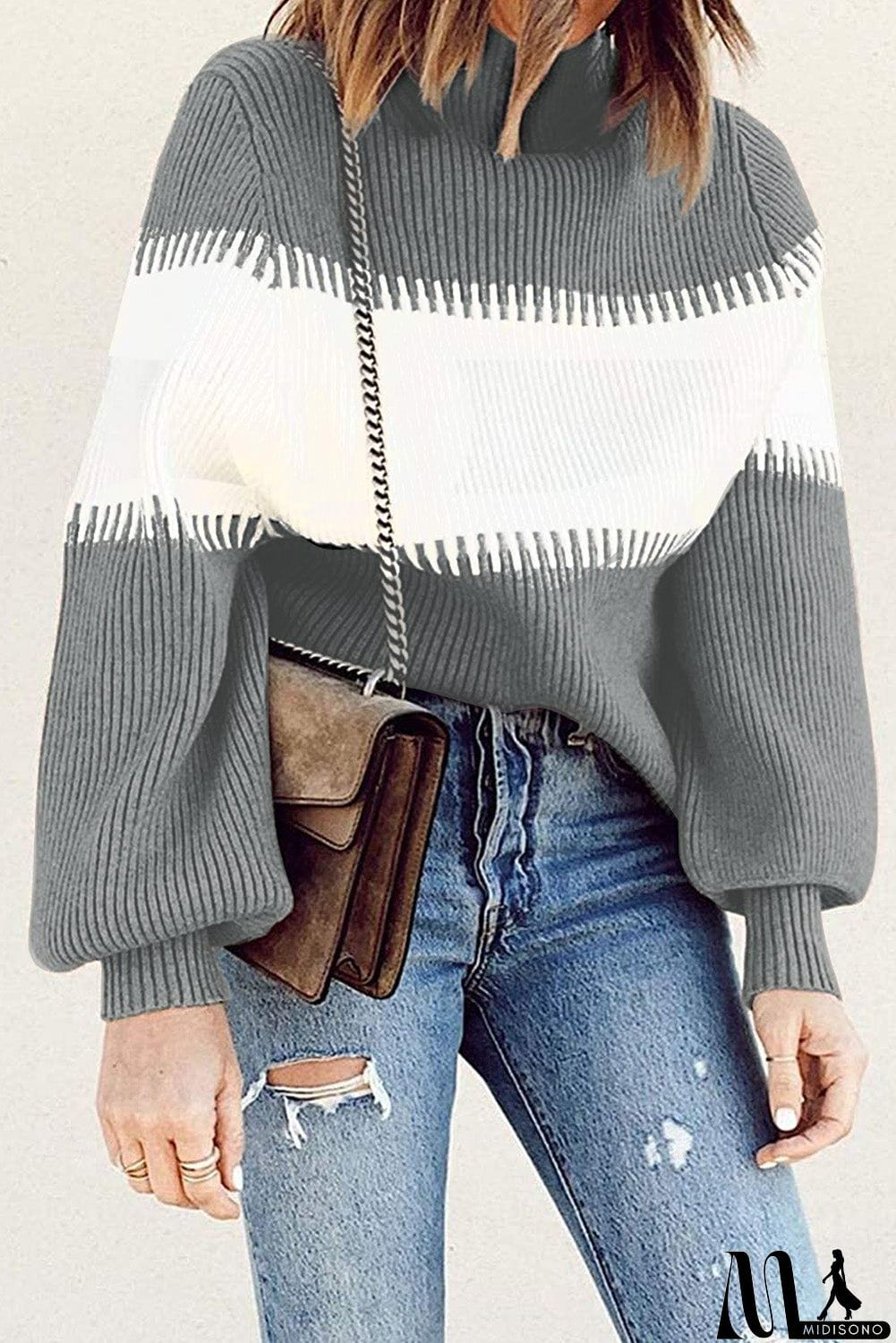 MidiSono - Color Block High Neck Pullover Sweater