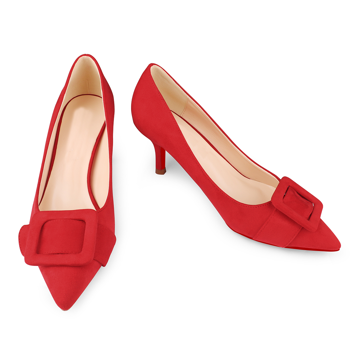 60mm Pointed Toe Square Buckle Decoration Red Bottom Kitten Heels Daily Pumps for Women Suede-MERUMOTE