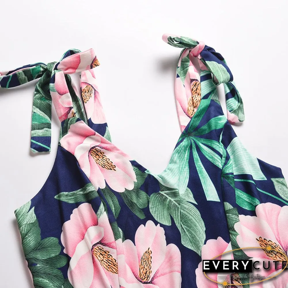 Adjustable Spaghetti Strap Floral V Neck Maxi Dress