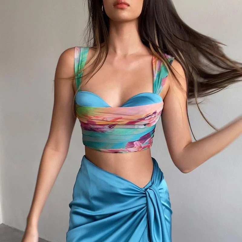 Billlnai  2023 For Summer Chic Fashion Print Women's Clothing Halter Wrap Crop Top Rave Festival Sexy Backless Sleeveless Tops Club Party