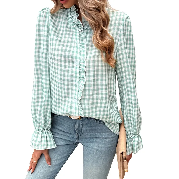 Plaid Ruffle V-neck Blouse